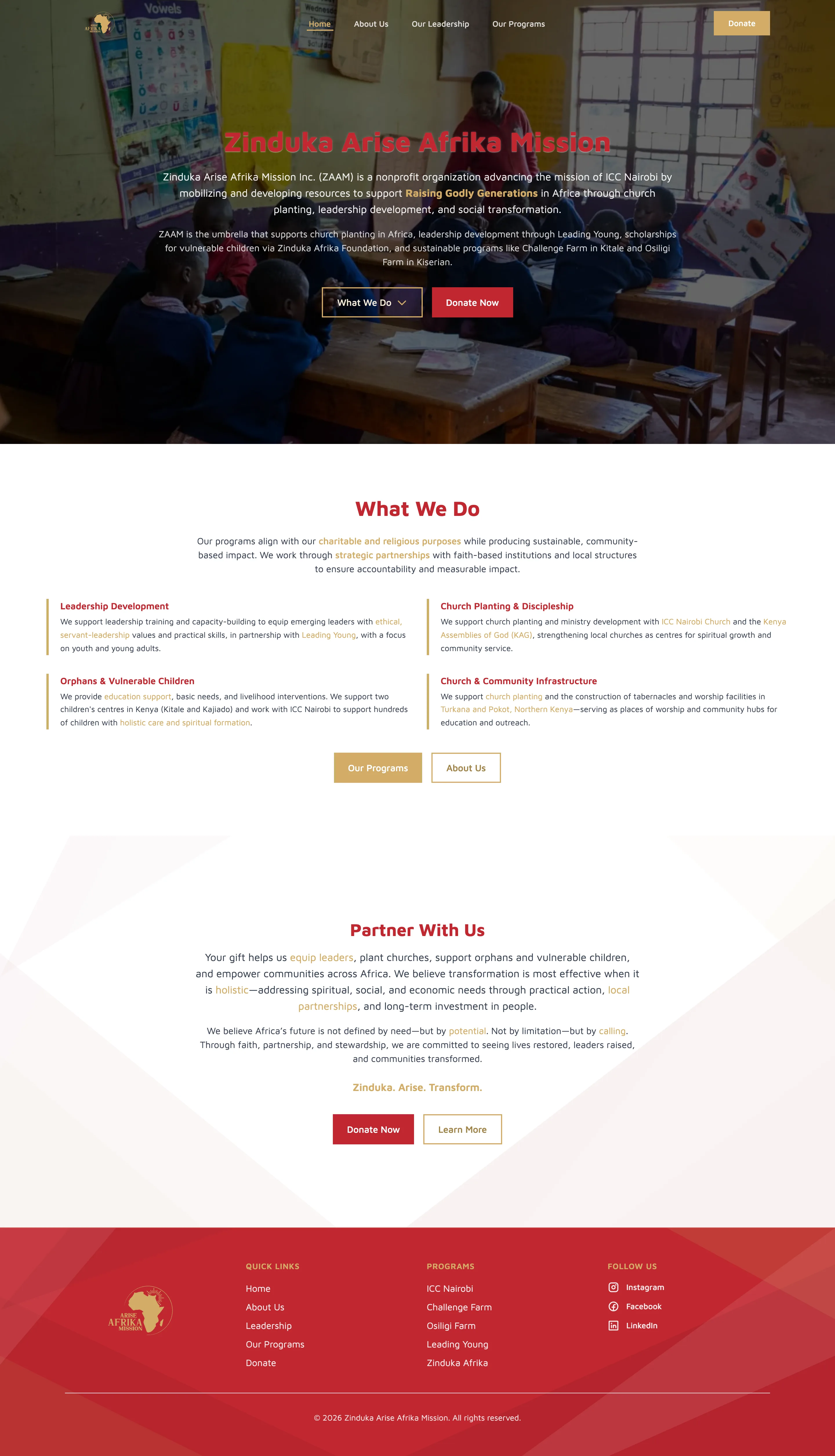 Zinduka Arise Afrika Mission homepage screenshot